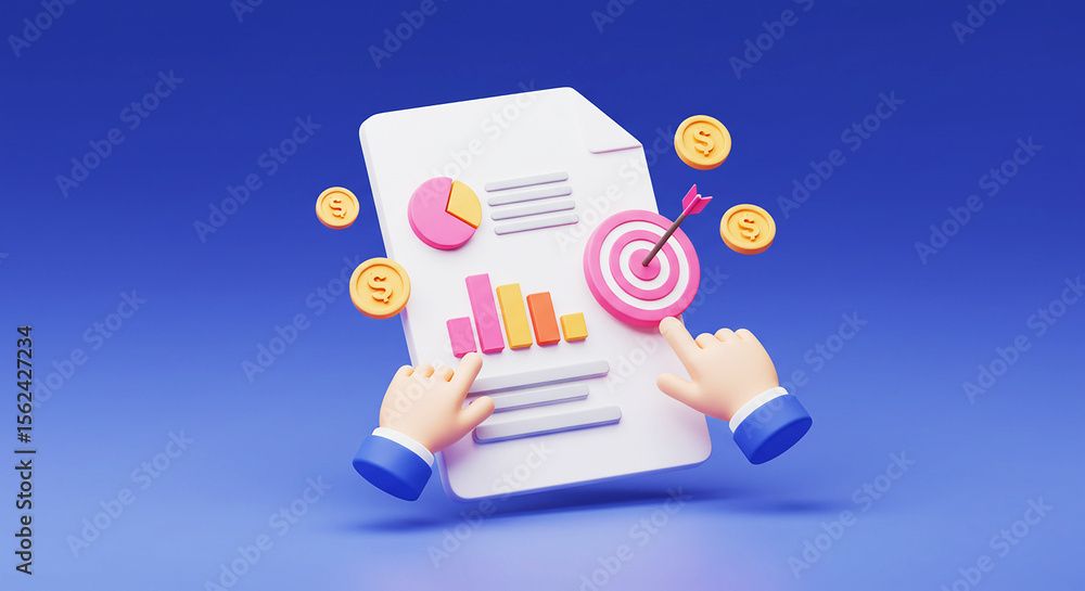 Poster a cartoon hands pointing at a document with charts target and coins on a blue background render