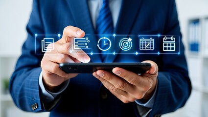 Businessman using smartphone interacting with digital interface of business icons and data