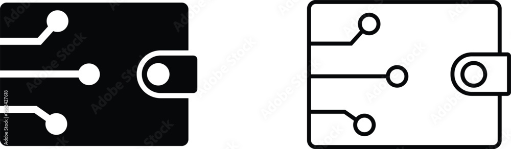 Poster modern wallet icon design featuring circuit patterns in black and white styles representing technolo