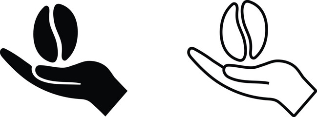Hand holding coffee beans in black and white icon graphic design for coffee lovers and businesses