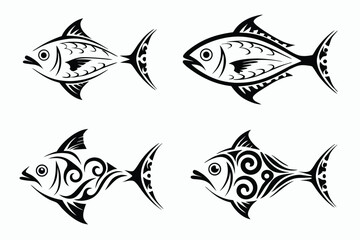 Four stylish tribal fish exhibit different patterns on a bright white background, offering unique design