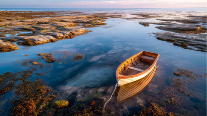 A small wooden boat tethered in calm tide pools