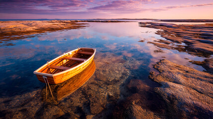 A small wooden boat tethered in calm tide pools
