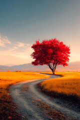 A tree with red autumn leaves in a golden field