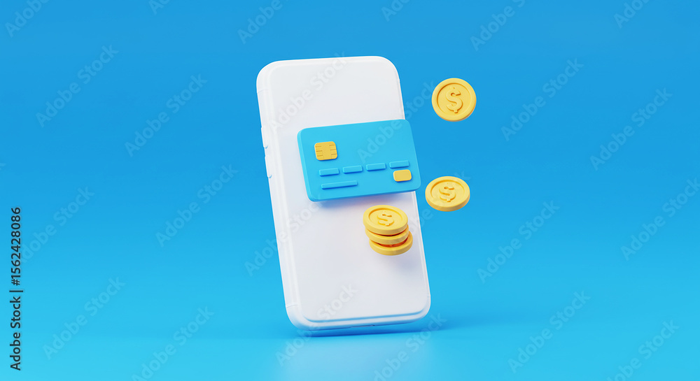 Poster a cellphone with a credit card and some coins on a blue background in a digital rendering style