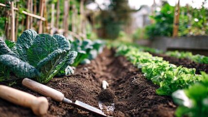 A vegetable garden with rows of leafy greens and gardening tools