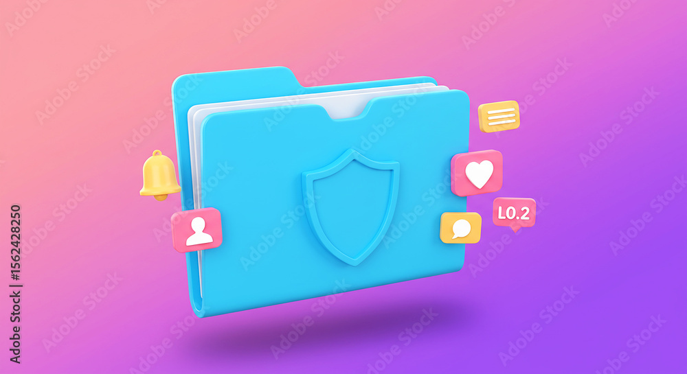 Poster a blue folder with a shield icon and notification icons on a gradient background illustration