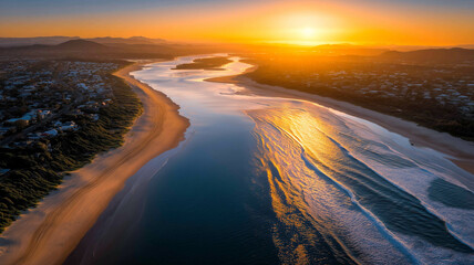 Aerial view of shoreline with glassy ocean surface glowing under dramatic golden sunset