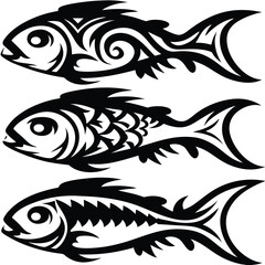 Three stylized black fishes display unique fin patterns on the plain white background