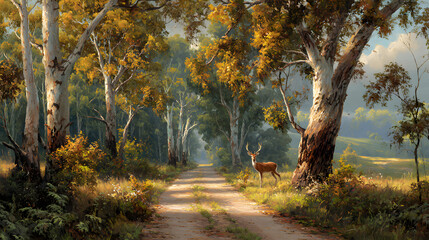 Obraz premium Serene woodlands with majestic eucalyptus trees line a rustic path where a deer stands peacefully in the morning light.