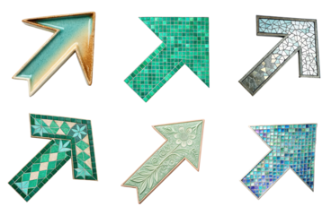 Diagonal green mosaic and ceramic arrow icon set with glossy and floral textures isolated on clean transparent background in PNG