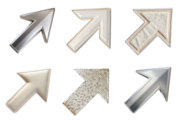 Elegant set of diagonal upward arrow icons in silver, beige, and creamy textures including fabric, chrome, and mosaic isolated on clean transparent background in PNG