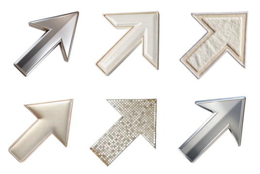 Elegant set of diagonal upward arrow icons in silver, beige, and creamy textures including fabric, chrome, and mosaic isolated on clean transparent background in PNG
