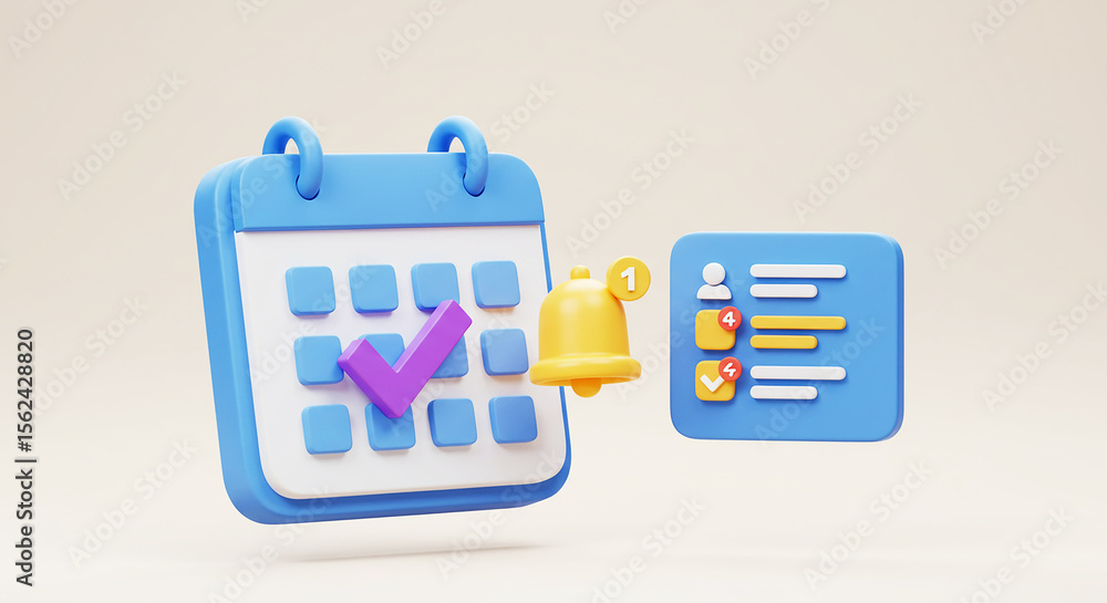 Poster cartoon calendar with checkmark and notification bell next to a task list on a plain background