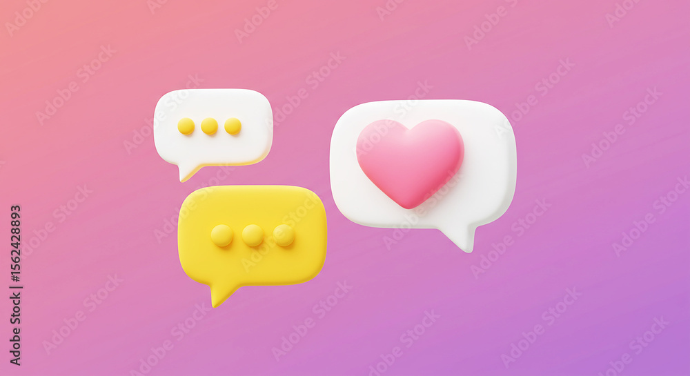 Poster three message bubbles with a heart and dots on a gradient background in a digital rendering
