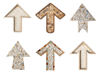 Set of decorative mosaic arrow icons made of stone and ceramic textures isolated on clean transparent background in PNG