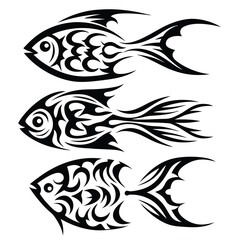 Obraz premium Three stylized fish swim in monochrome, each showcasing unique tribal pattern designs