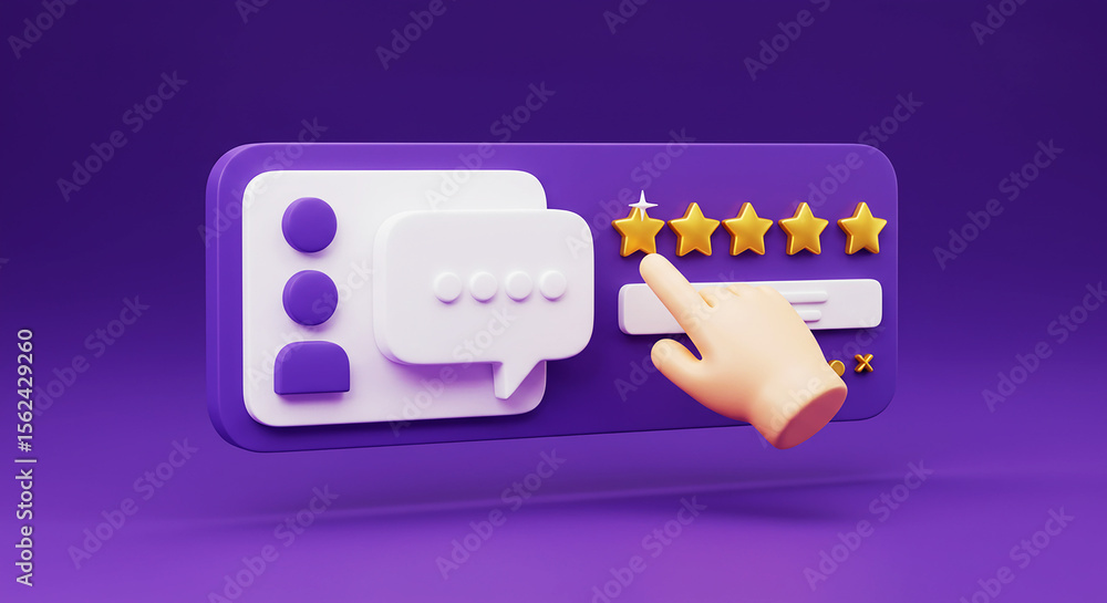 Poster a hand selecting a star rating on a purple interface with a chat bubble and profile icon design elem