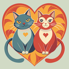 Two affectionate cats nestled within a heart shape with intertwined tails isolated on white background isolated on transparent background