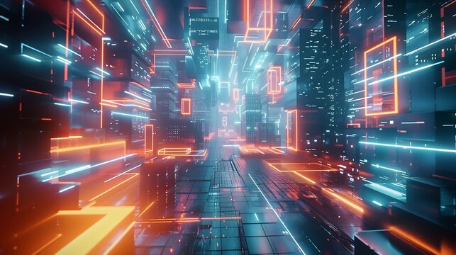 Futuristic cybernetic hallucination AI created virtual reality filled glowing surreal geometric formations ultra high tech sensory immersion