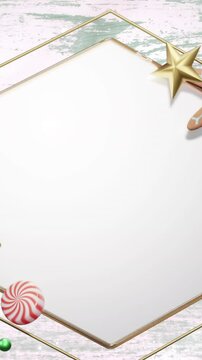 Animation of snow falling over christmas decorations around white hexagonal sign on wooden boards