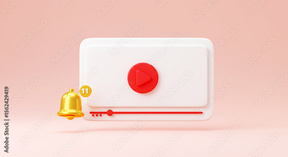 Poster a video player icon with a red play button and a notification bell on a pink background render