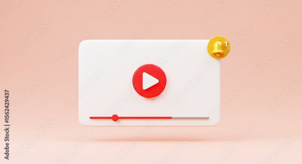 Poster a white video player interface with a red play button and a notification bell on a pink background