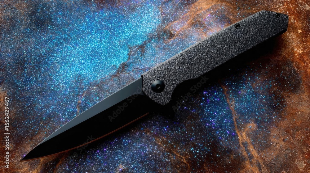 Poster close-up of a folding knife with a black handle. the knife has a sharp, pointed blade with a sharp p