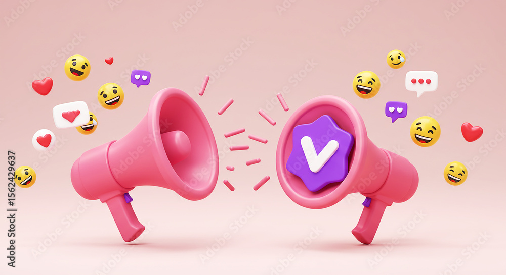 Poster two pink megaphones with verification badge and emojis on a pink background in a 3d rendering style