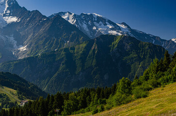 Sunny summer view of Mont Blanc massif with green alpine meadows and forest in French Alps