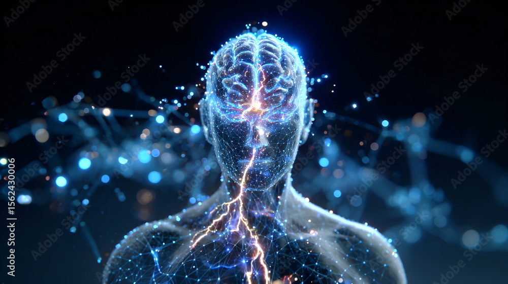 Poster human digital head and body with glowing brain and neural networks. artificial intelligence and mind