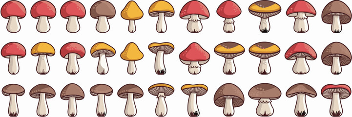 Minimal mushroom icon sheet in colorful grid – Great for culinary graphics, educational visuals, or health-themed design