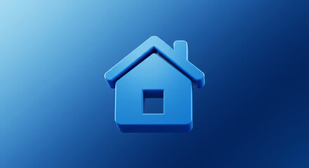 A simple blue house icon with a square window floating in a gradient blue background space design