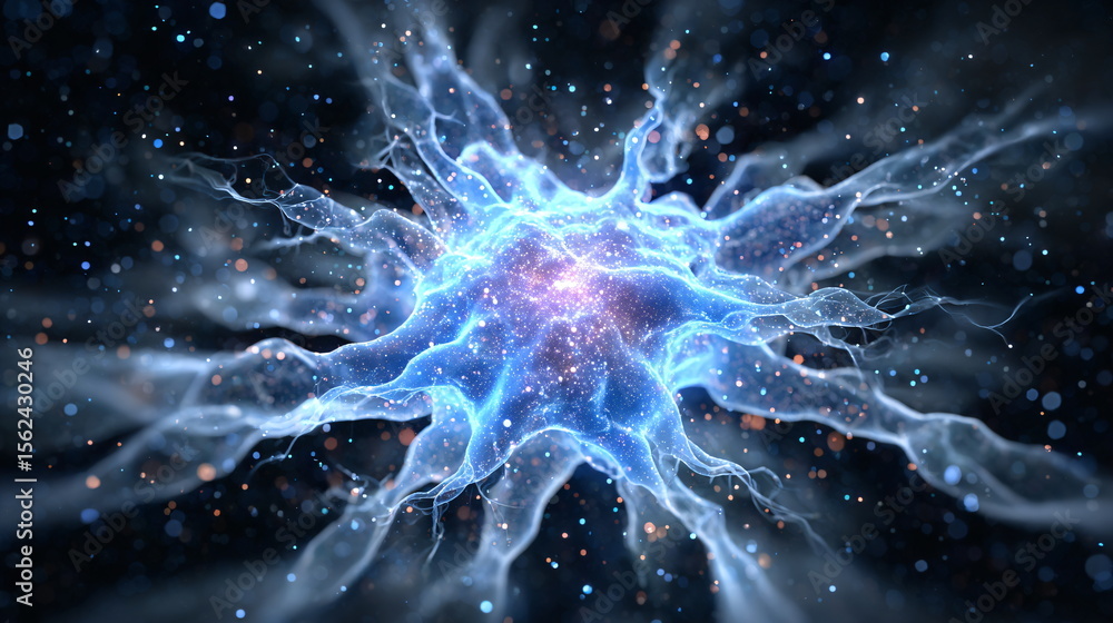 Poster microscopic view of a neuron. neural network concept representing brain, thinking, ai, synapse, and 