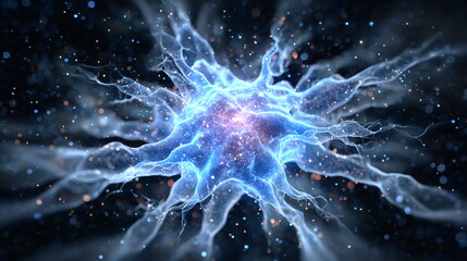 Microscopic view of a neuron. Neural network concept representing brain, thinking, AI, synapse, and nervous system.