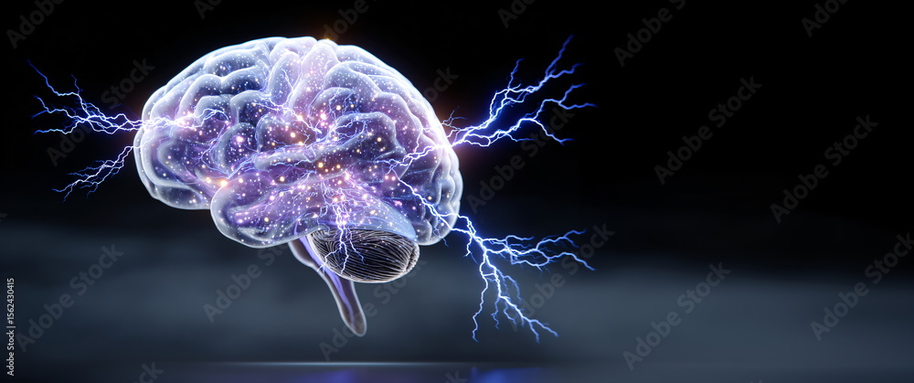 Poster human brain with electrical lightning discharge creating bright light. concept of neural activity, p