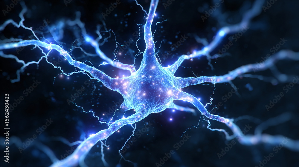Poster microscopic view of a neuron. neural network concept representing brain, thinking, ai, synapse, and 