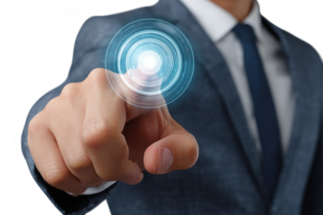 Businessman s hand touching a futuristic glowing blue digital interface isolated on transparent background