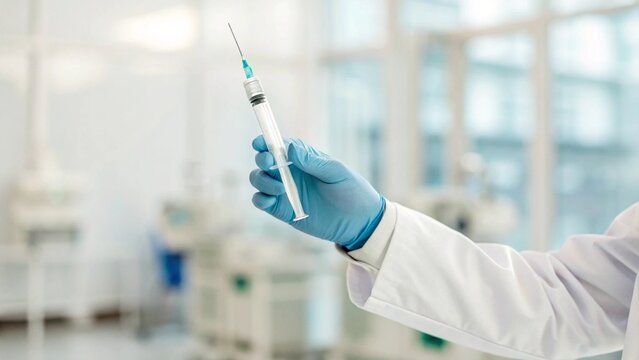  A close-up shot of a scientist or medical professional in a lab coat and blue gloves, holding a syringe filled with a vibrant blue liquid