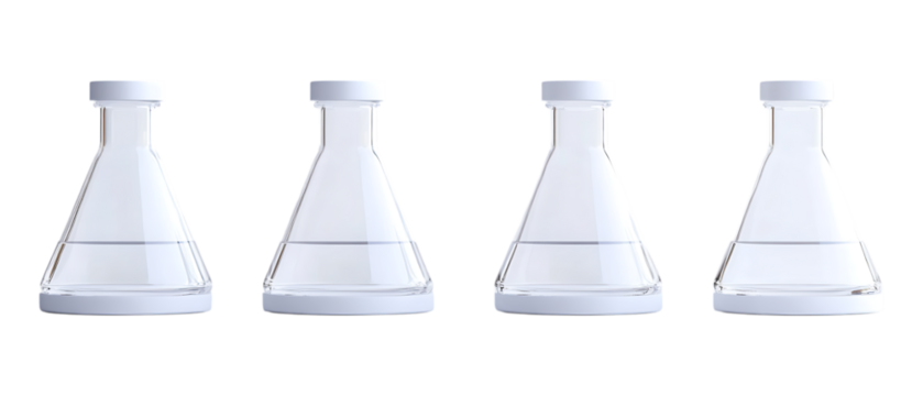 Pack Collection Four Erlenmeyer Flasks A Clean Minimalist Laboratory Setup set against transparent background