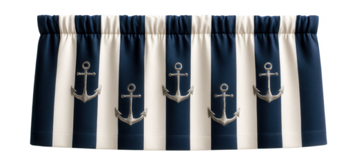 A nautical-themed valance featuring navy stripes and anchor motifs, perfect for a coastal-themed bathroom window.