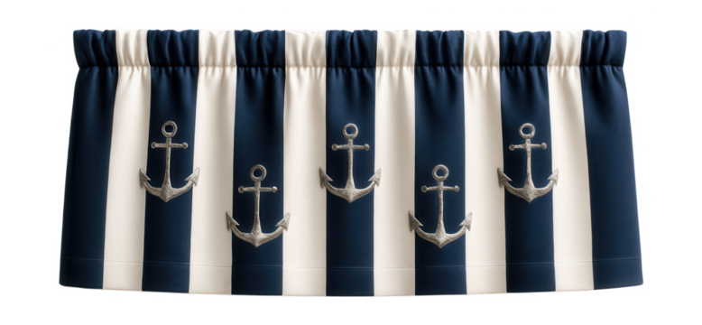 A nautical-themed valance featuring navy stripes and anchor motifs, perfect for a coastal-themed bathroom window.