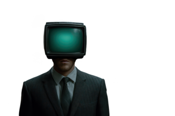 Man with vintage television for a head and glowing green screen isolated on transparent background