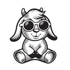goat wearing sunglasses is sitting with its arms crossed over itself