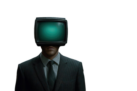 Man with vintage television for a head and glowing green screen isolated on transparent background