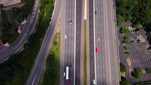 Drone Shot of Expressway in Virginia. traveling on interstate 495
