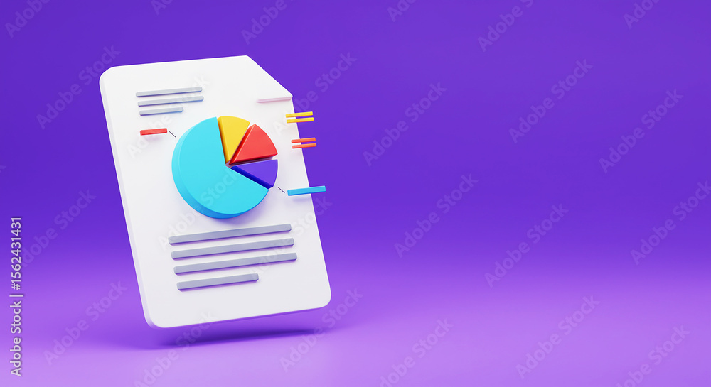 Poster illustration of a document with a pie chart on it against a purple gradient background space for tex