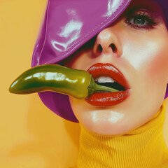 Close-up of a fashion model with glossy red lips and a green chili pepper in her mouth, wearing a purple vinyl hat. Playful y2k fashion aesthetic.