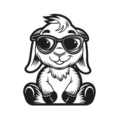 Sitting cartoon ram cheerfully wears modern sunglasses in a monochrome animal portrait