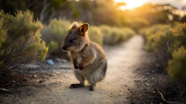 quoka standing on dirt path with sunlight and bush in soft focus
